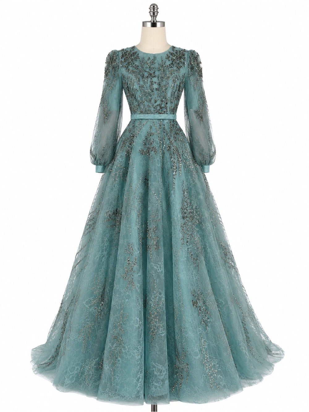 Embellished Teal Long Sleeve Maxi Gown
